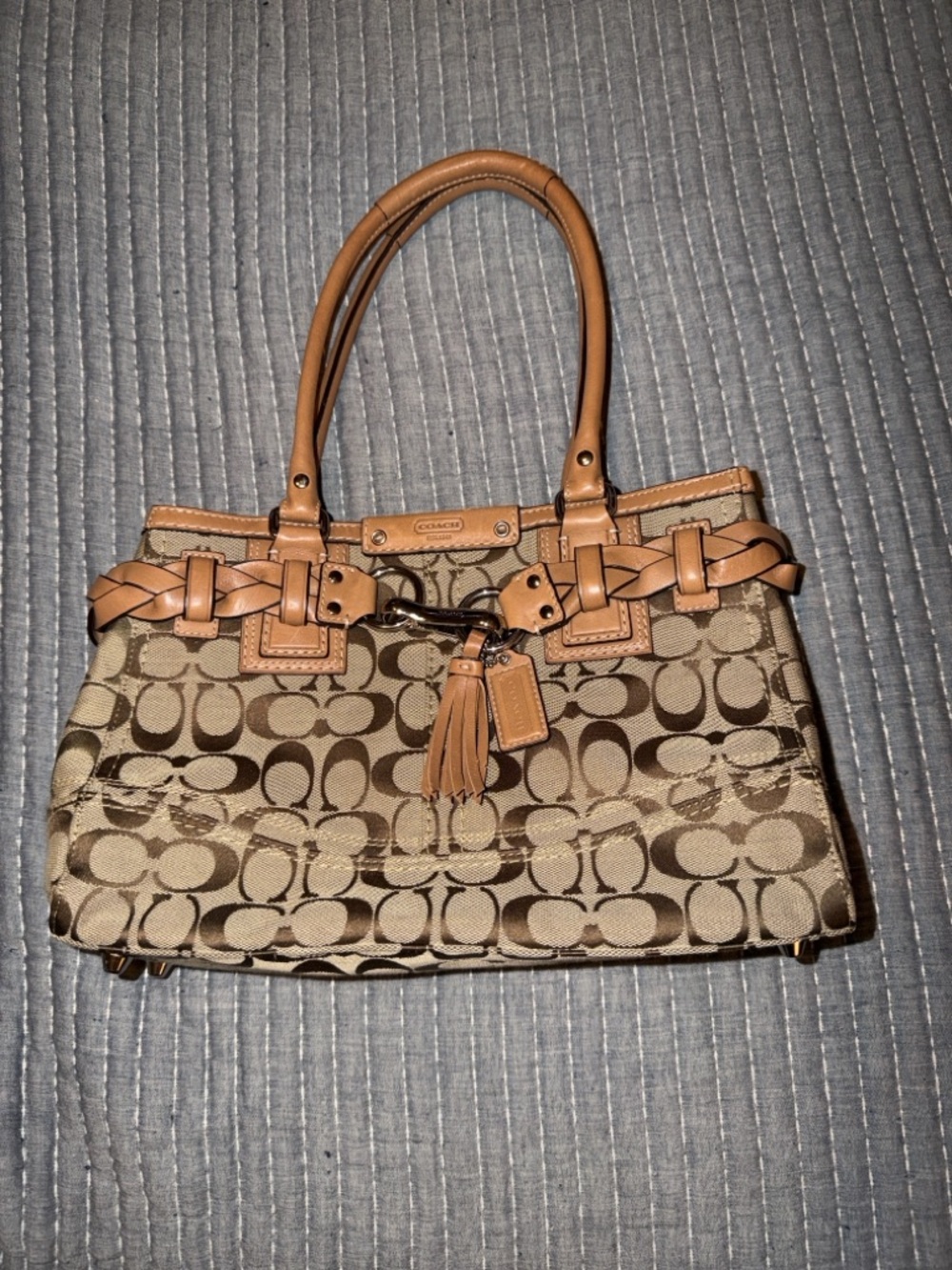 Coach Brown Signature Canvas Shoulder Tote with Tan Leather Trim